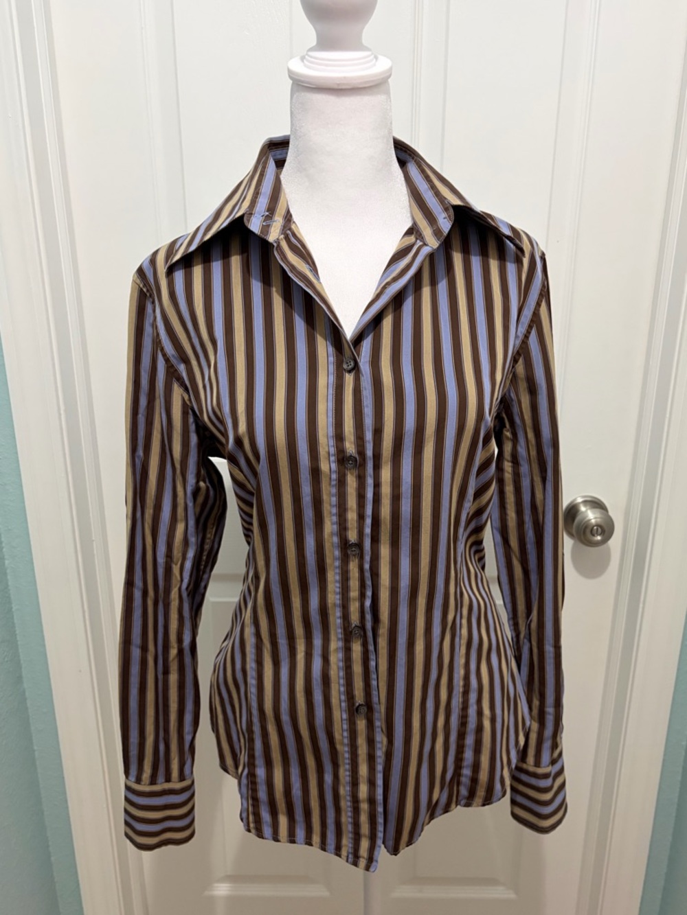 Etro Milano Striped Button Down Shirt Women’s Brown Blue Italian Designer Blouse